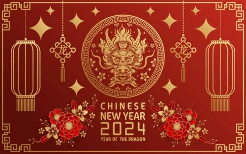 Happy chinese new year 2024 year of the chinese dragon zodiac with on color Background. ( Translation : happy new year, chinese dragon )